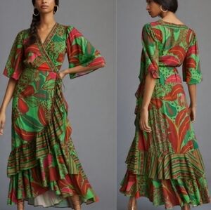 FARM For ANTHROPOLOGIE  Green Red Tropical Flutter Sleeve True Wrap Midi Dress
